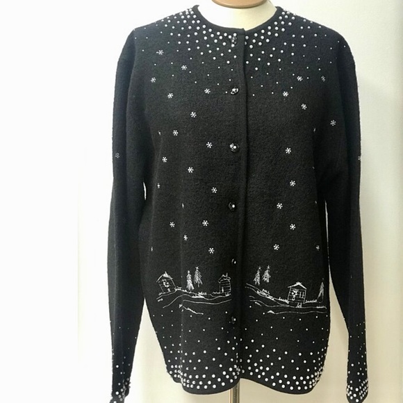 Vtg 90s Black Embroidered Cardigan Sweater, 100% Wool, Beaded, Christmas, Sz M - Picture 10 of 10